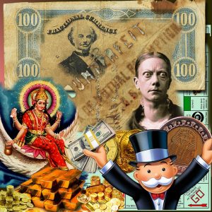 colourful collage with people and money